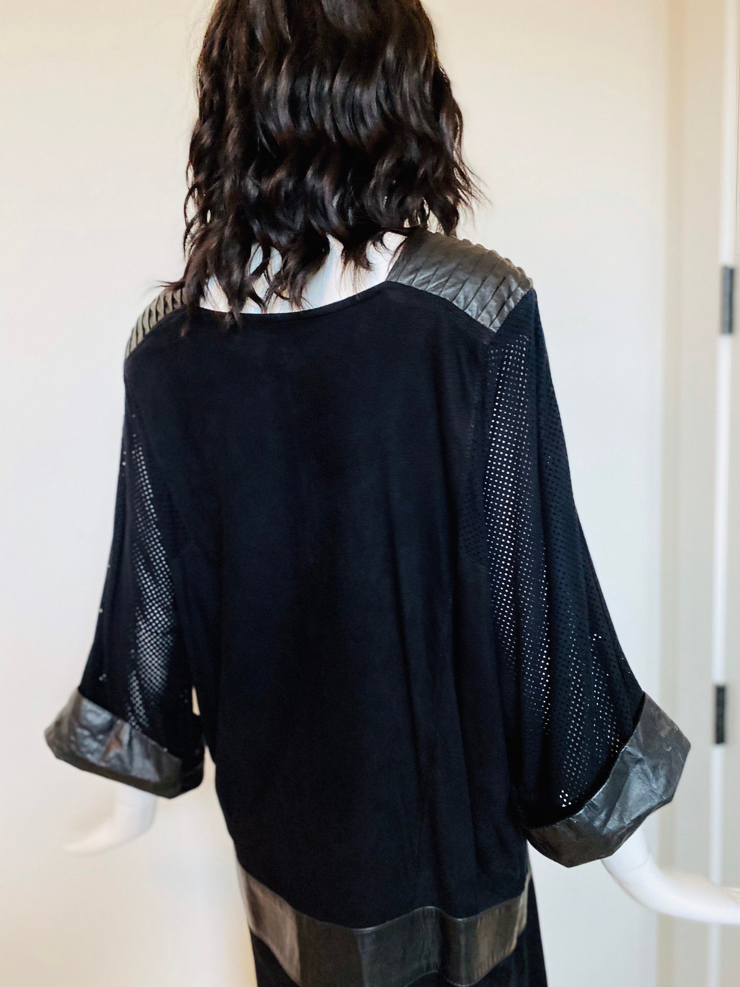 80s Punk Rock and Roll Black Leather Perforated Pleated Detail Grunge Sack Midi Calf Length Dolman Sleeves Rare Dress