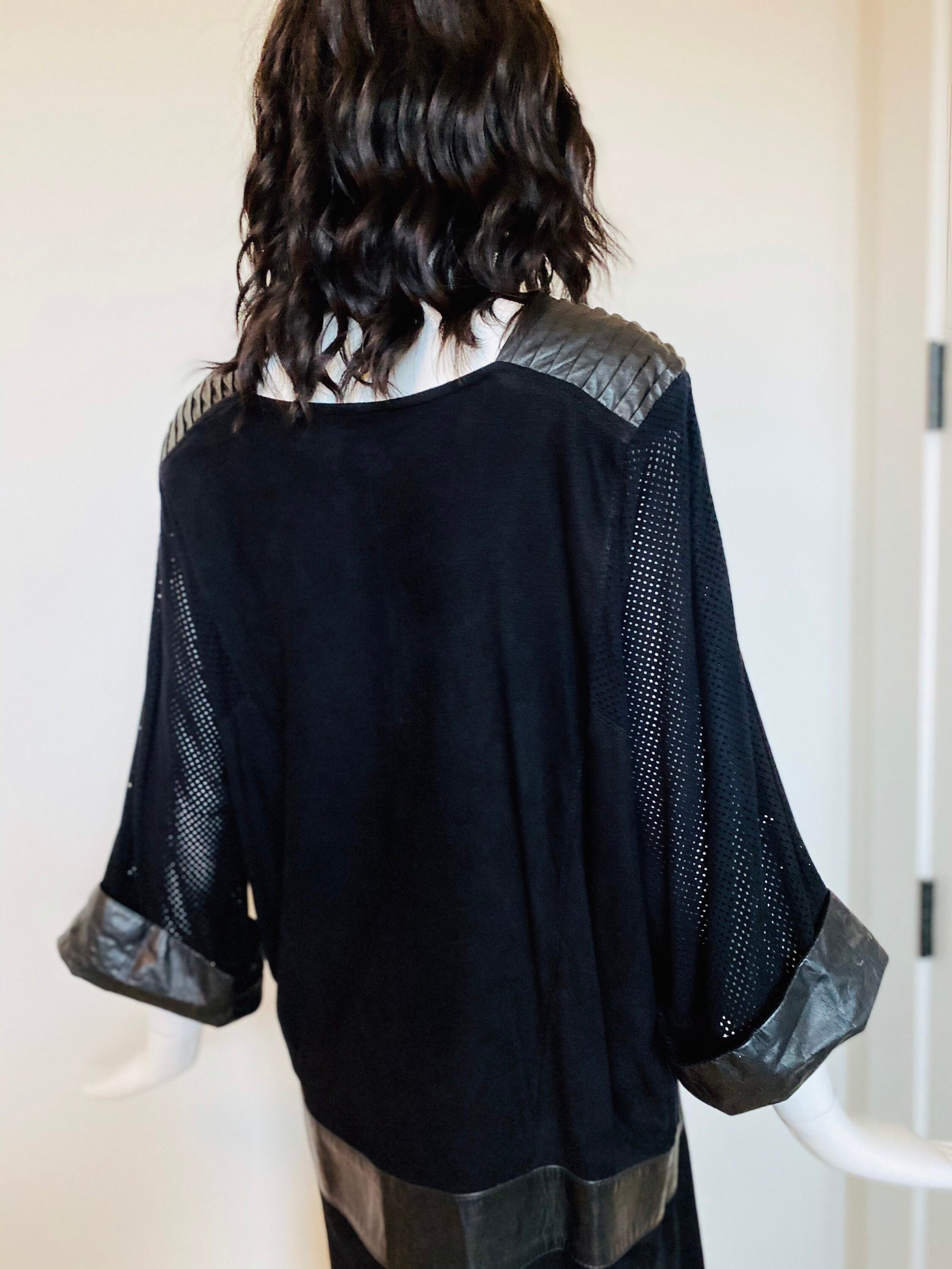 80s Punk Rock and Roll Black Leather Perforated Pleated Detail Grunge Sack Midi Calf Length Dolman Sleeves Rare Dress