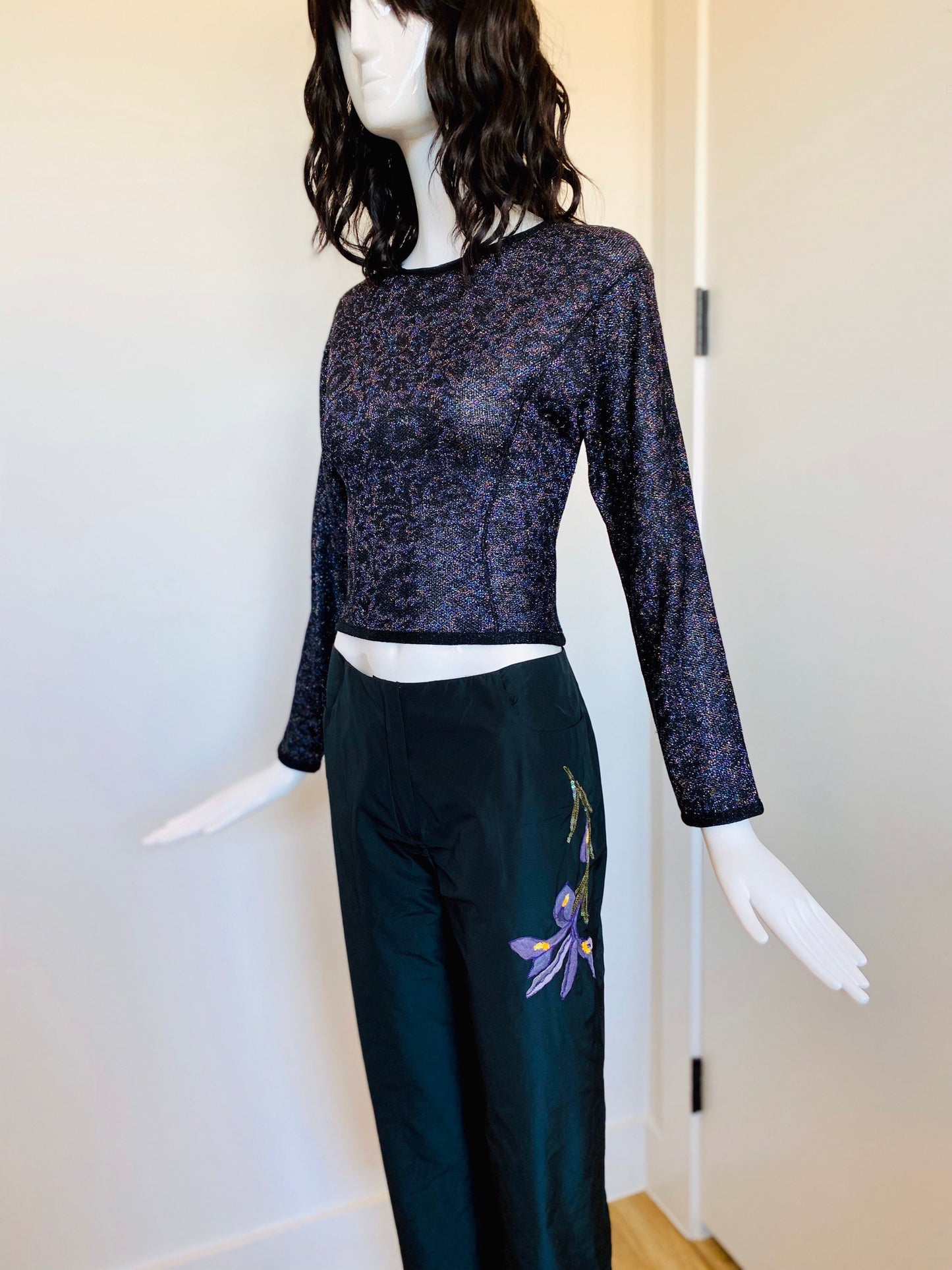 Missoni Lurex for Saks Fifth Avenue Rainbow Colors Metallic Dolman Sleeves Stretchy Knit Cropped Disco Top