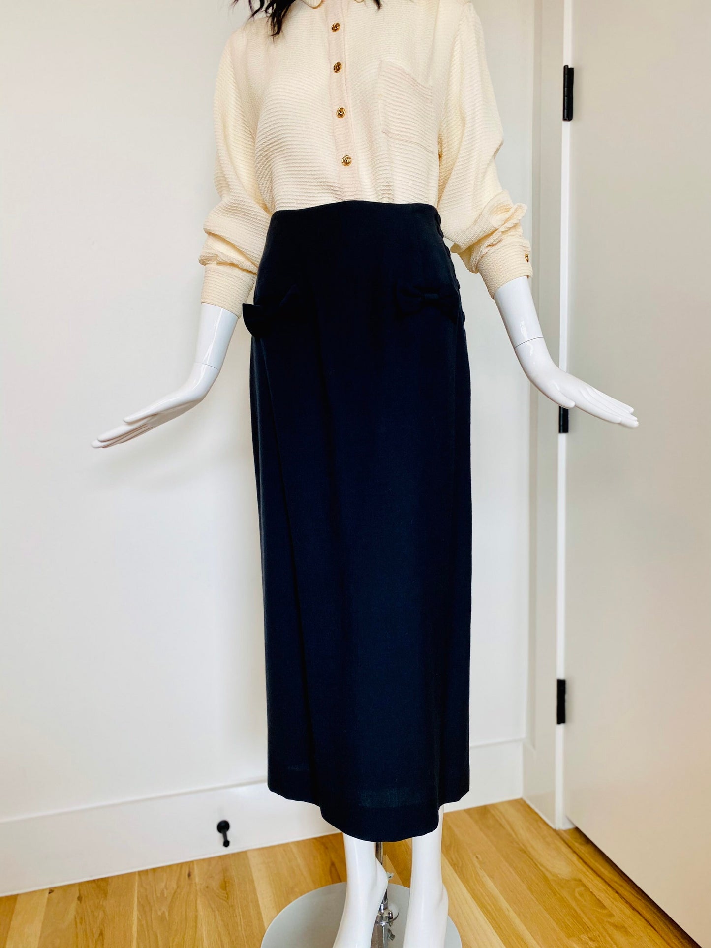 80s does 40s Throwback Long Wool Dark Grey Straight Skirt with Bow detail and Box Pleat