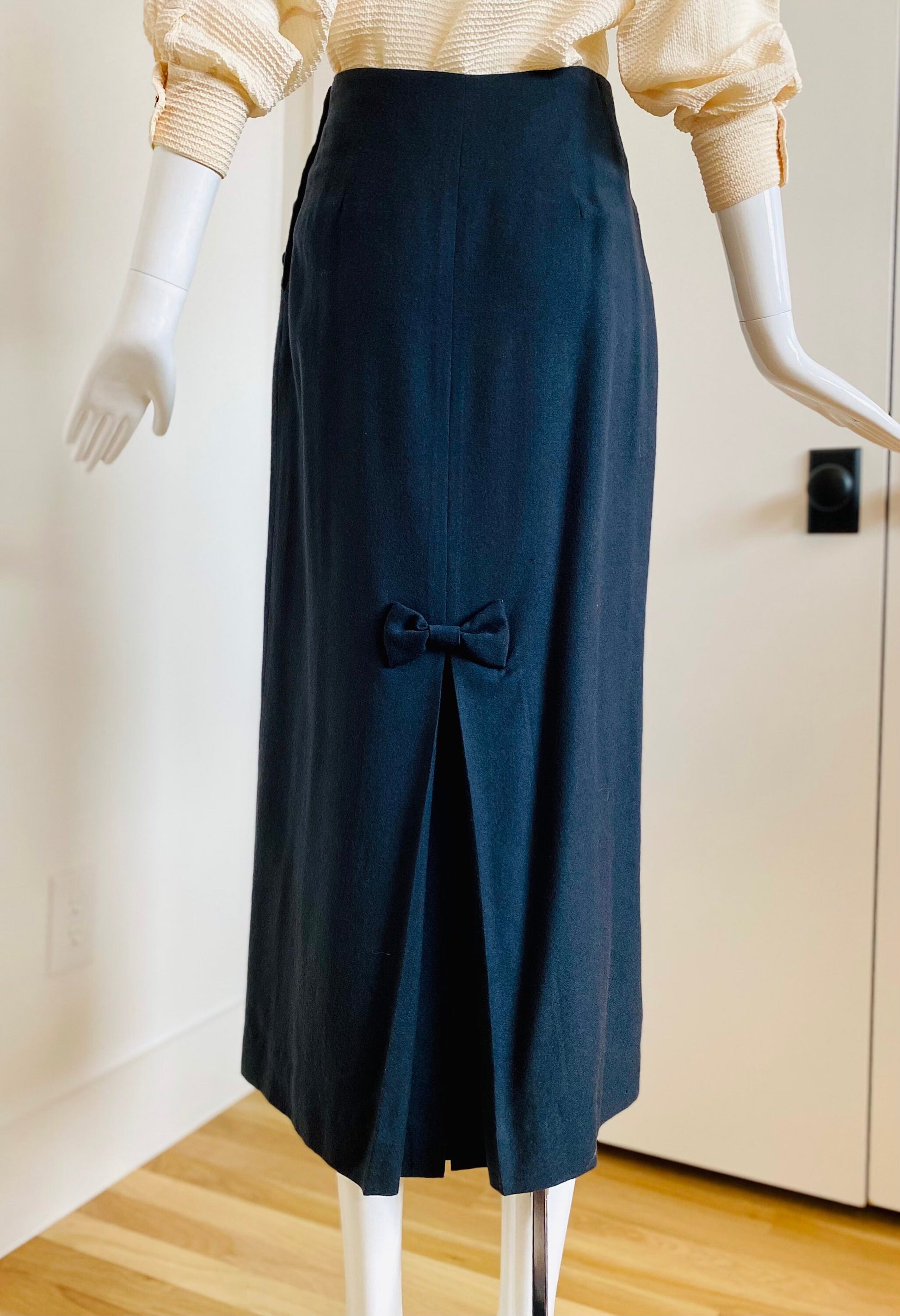 80s does 40s Throwback Long Wool Dark Grey Straight Skirt with Bow detail and Box Pleat
