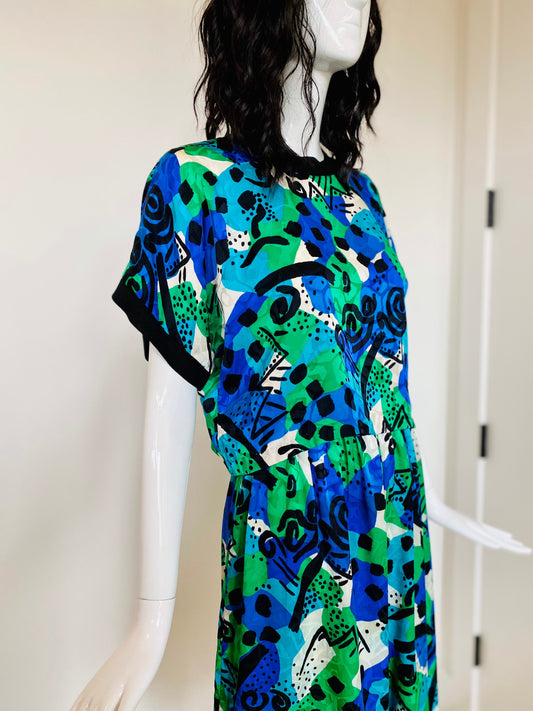 80s Adrianna Papell Silk Gauchos Cropped Short Sleeve Set / Graphic Blue Green Black and White Ensemble/ Wide leg High Waist Cropped Top