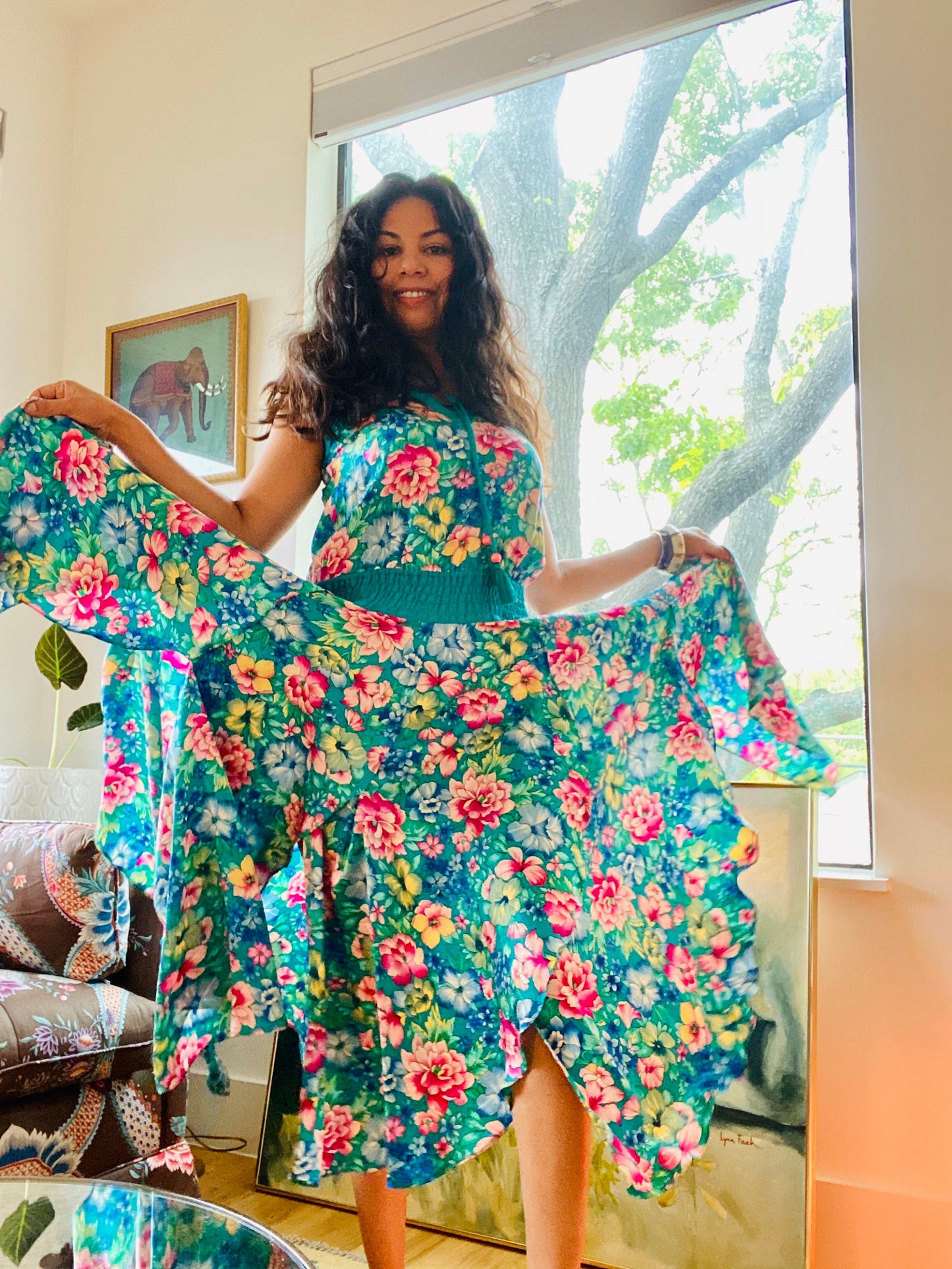 80s Diane Freis Floral Silk Garden Party Calf Length Sleeveless Dress Plunge Neckline Tassels