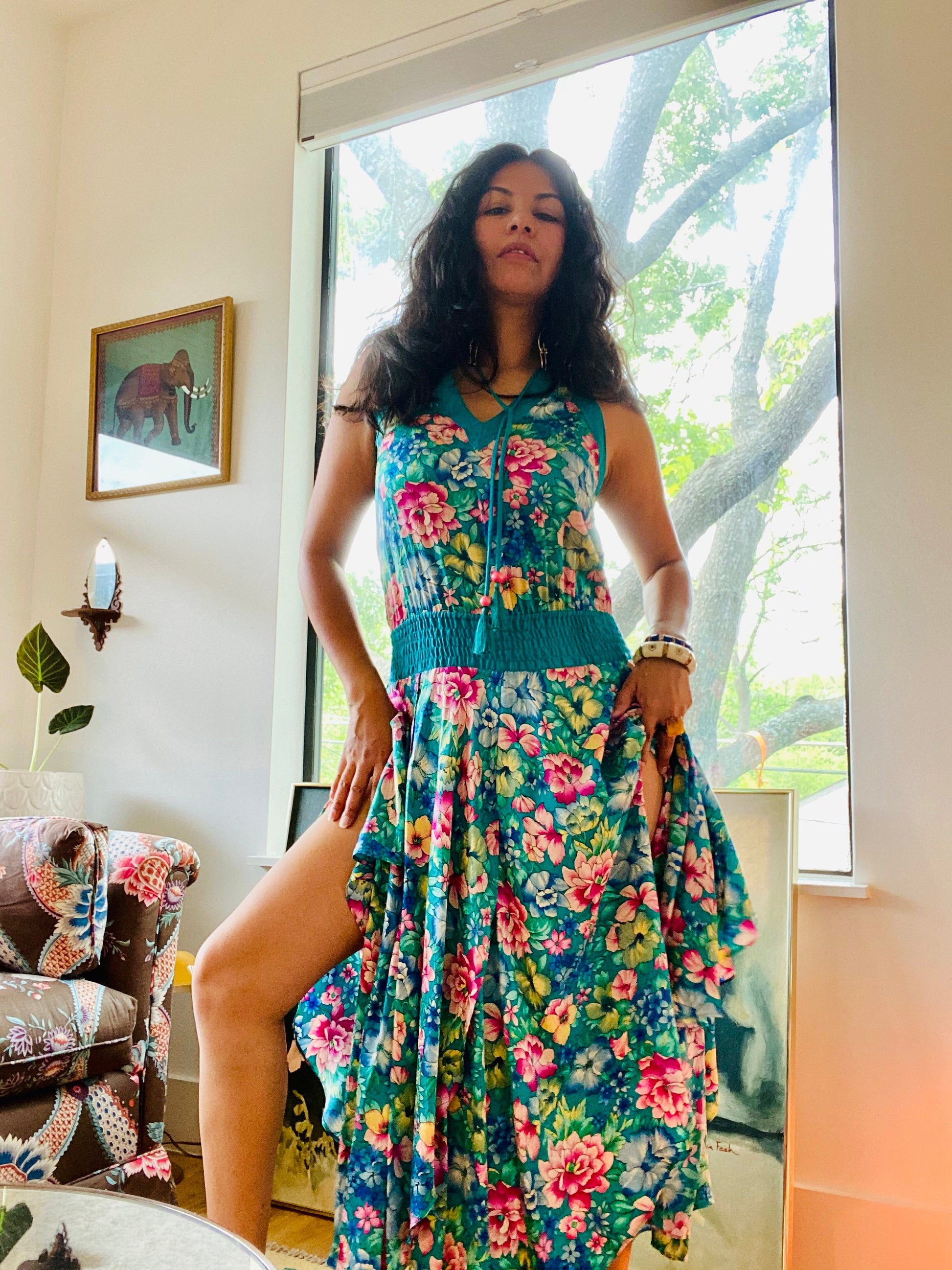 80s Diane Freis Floral Silk Garden Party Calf Length Sleeveless Dress Plunge Neckline Tassels