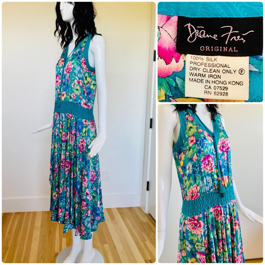 80s Diane Freis Floral Silk Garden Party Calf Length Sleeveless Dress Plunge Neckline Tassels