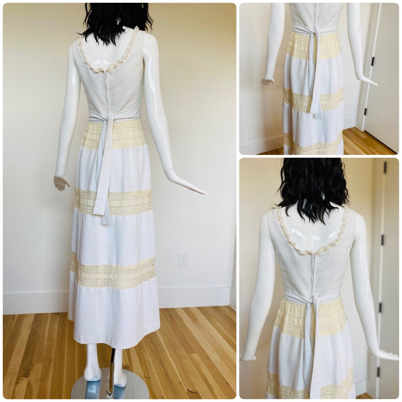 60s LANZ White Sleeveless Prairie Mexican Wedding Dress Pin tucked with Lace