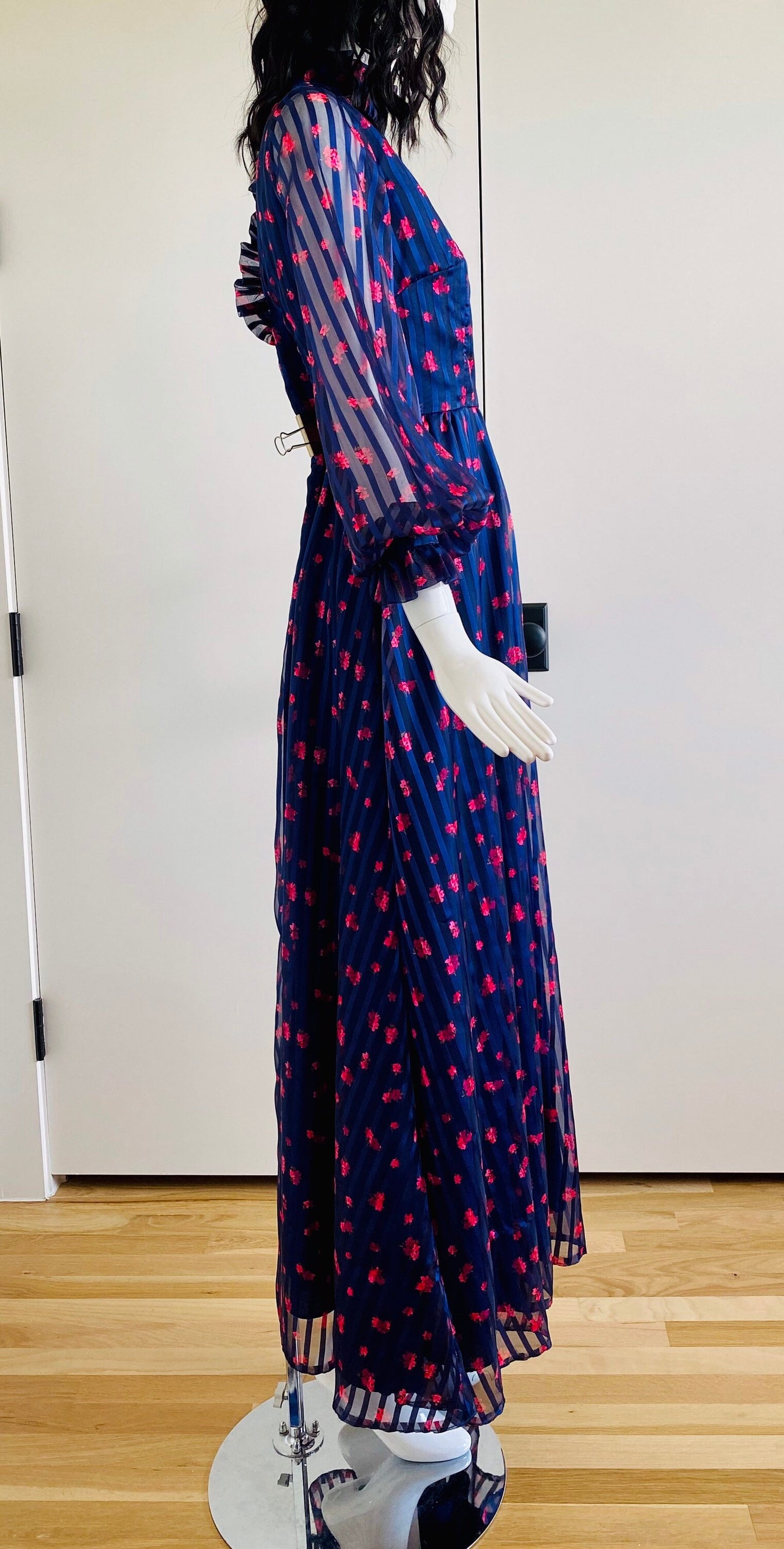 Vintage B COHEN Full Circle Skirt Floral Jewel Tone Chiffon Dress with Ruffles Balloon Sleeves High Neck 28" Waist Low Sexy Back