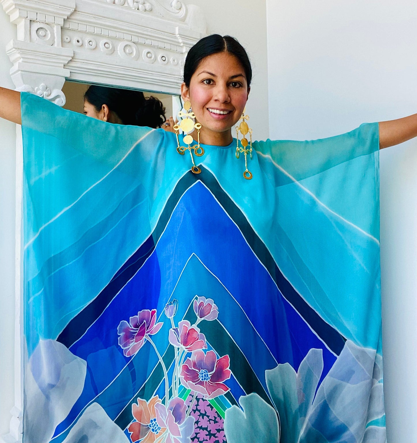 Rare Late 60s Early 70s Romi for Lou Lattimore Dallas Silk Floral Psychedelic Print Chiffon Kaftan Dressing Gown