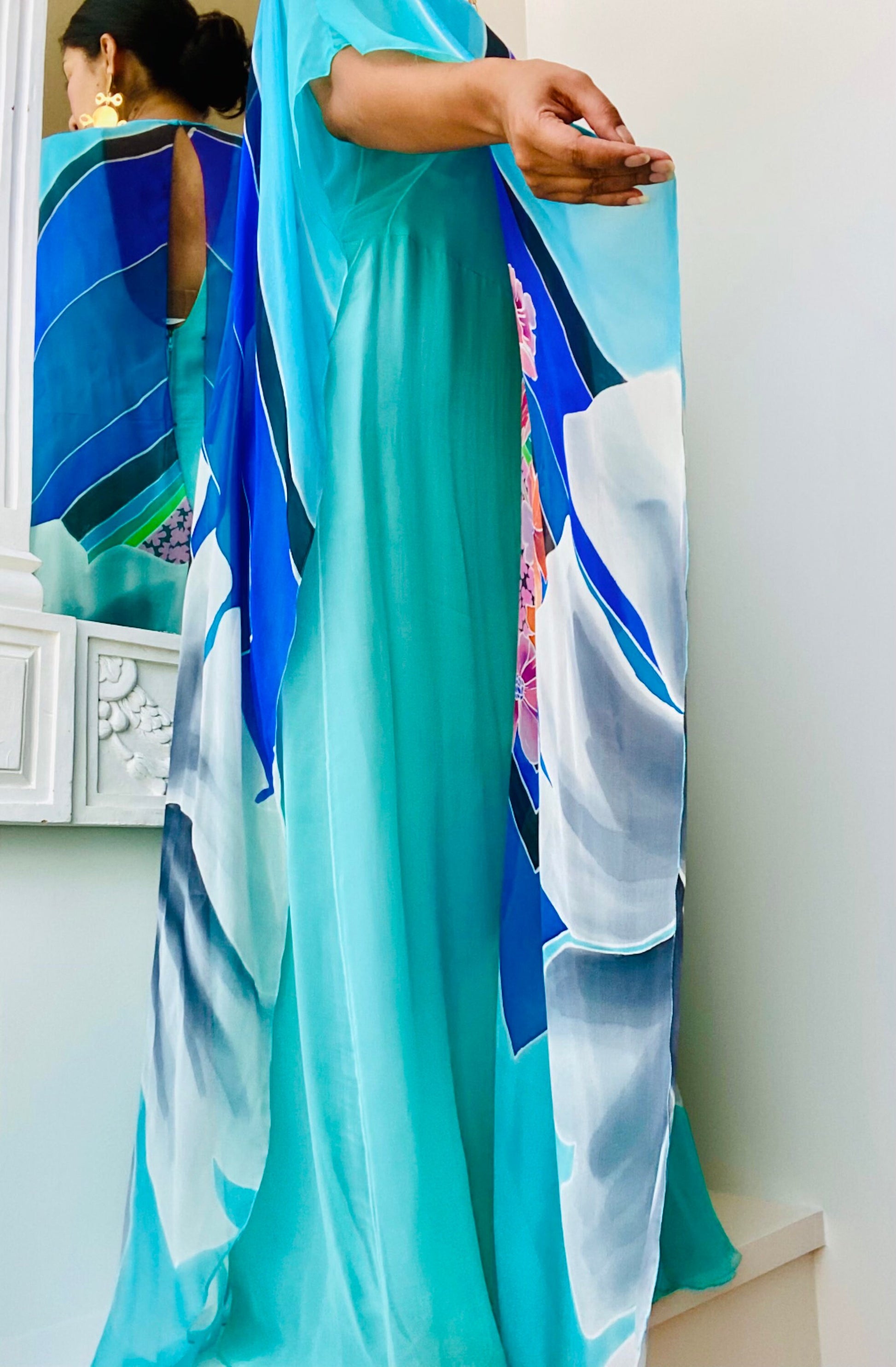 Rare Late 60s Early 70s Romi for Lou Lattimore Dallas Silk Floral Psychedelic Print Chiffon Kaftan Dressing Gown