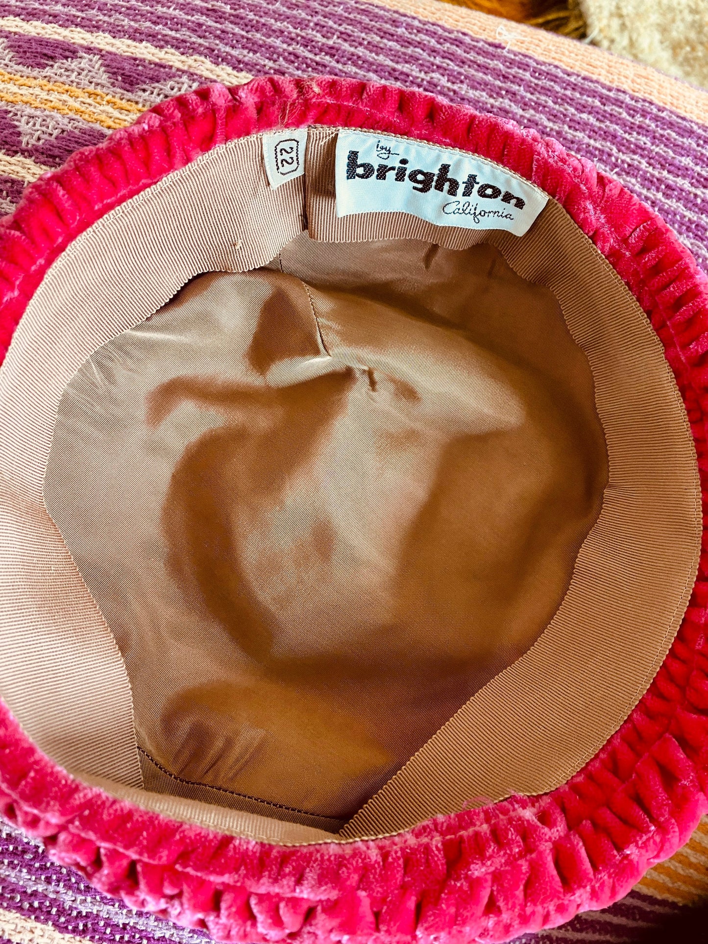 Vintage 40s Brighton California Pink Magenta Velvet Quilted Stitched Cocktail Party RARE Hat Size 22