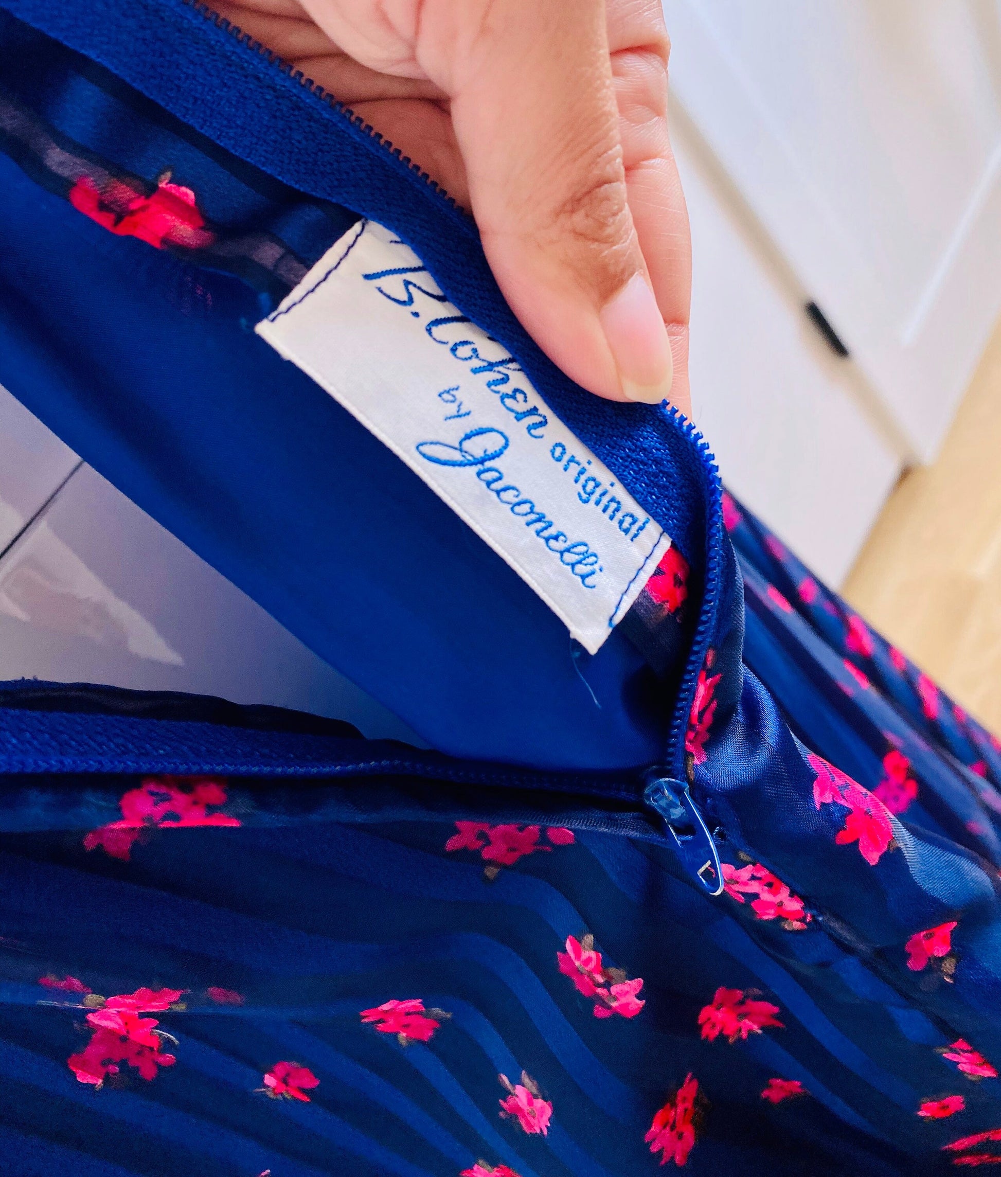 Vintage B COHEN Full Circle Skirt Floral Jewel Tone Chiffon Dress with Ruffles Balloon Sleeves High Neck 28" Waist Low Sexy Back