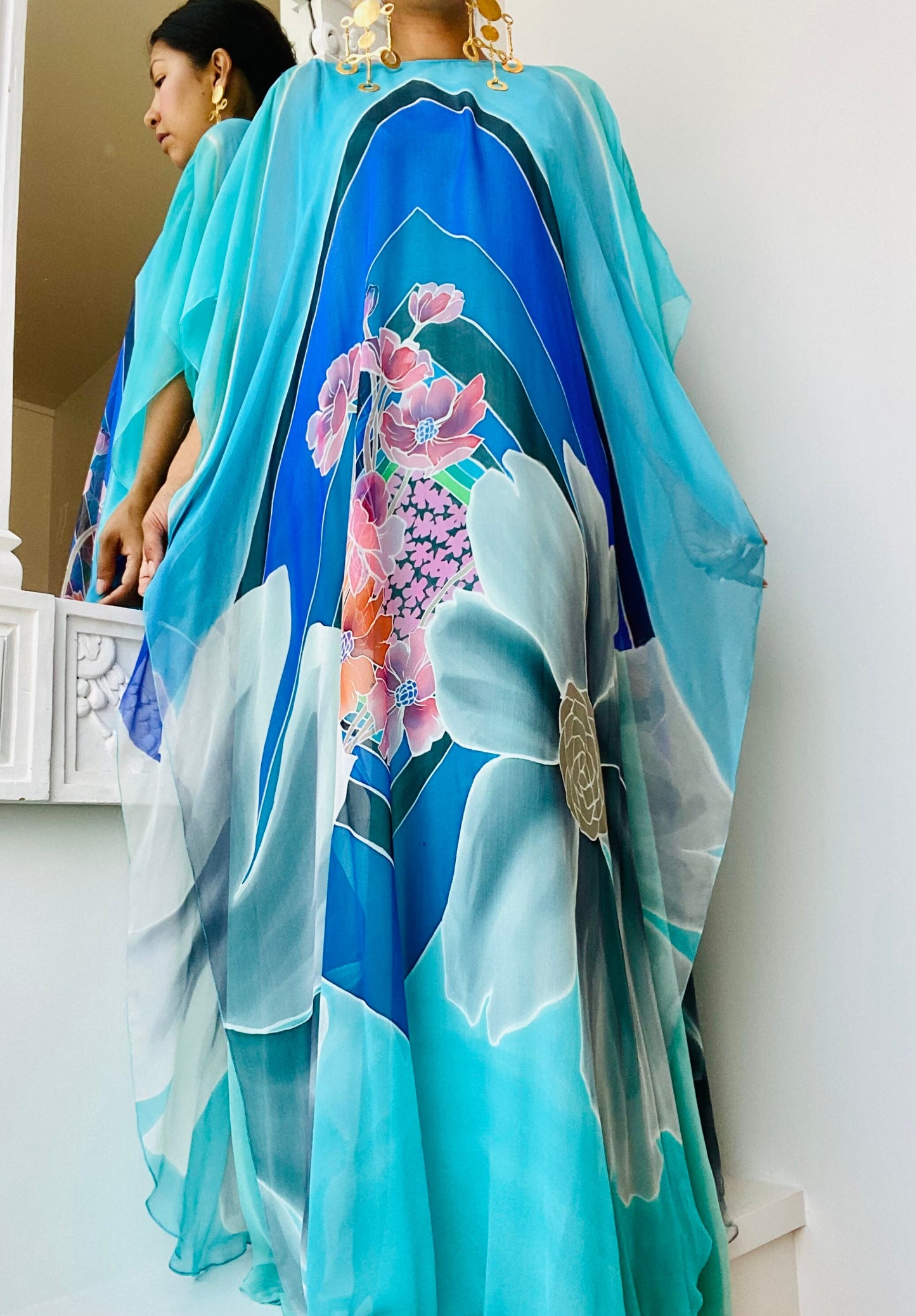 Rare Late 60s Early 70s Romi for Lou Lattimore Dallas Silk Floral Psychedelic Print Chiffon Kaftan Dressing Gown