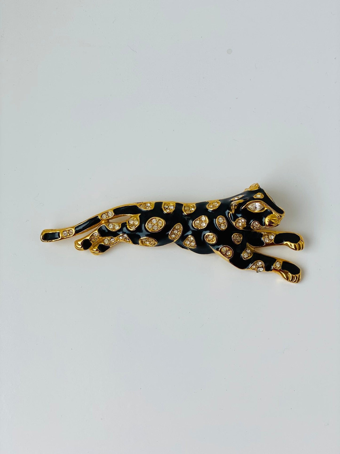 80s Vintage Gold Plated Enameled Black Panther / Jaguar Crystal Brooch