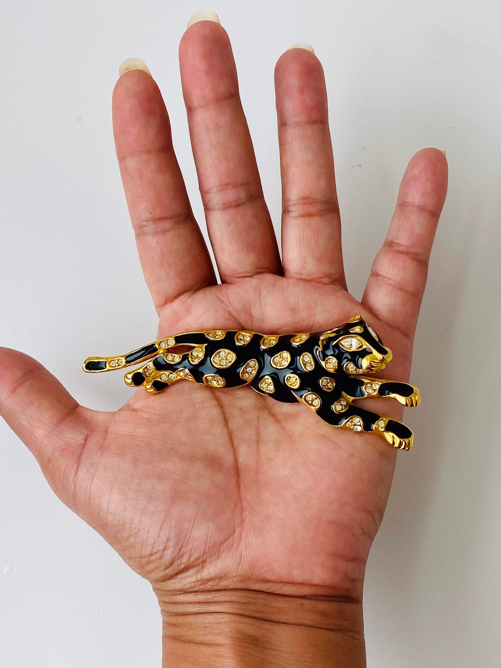 80s Vintage Gold Plated Enameled Black Panther / Jaguar Crystal Brooch