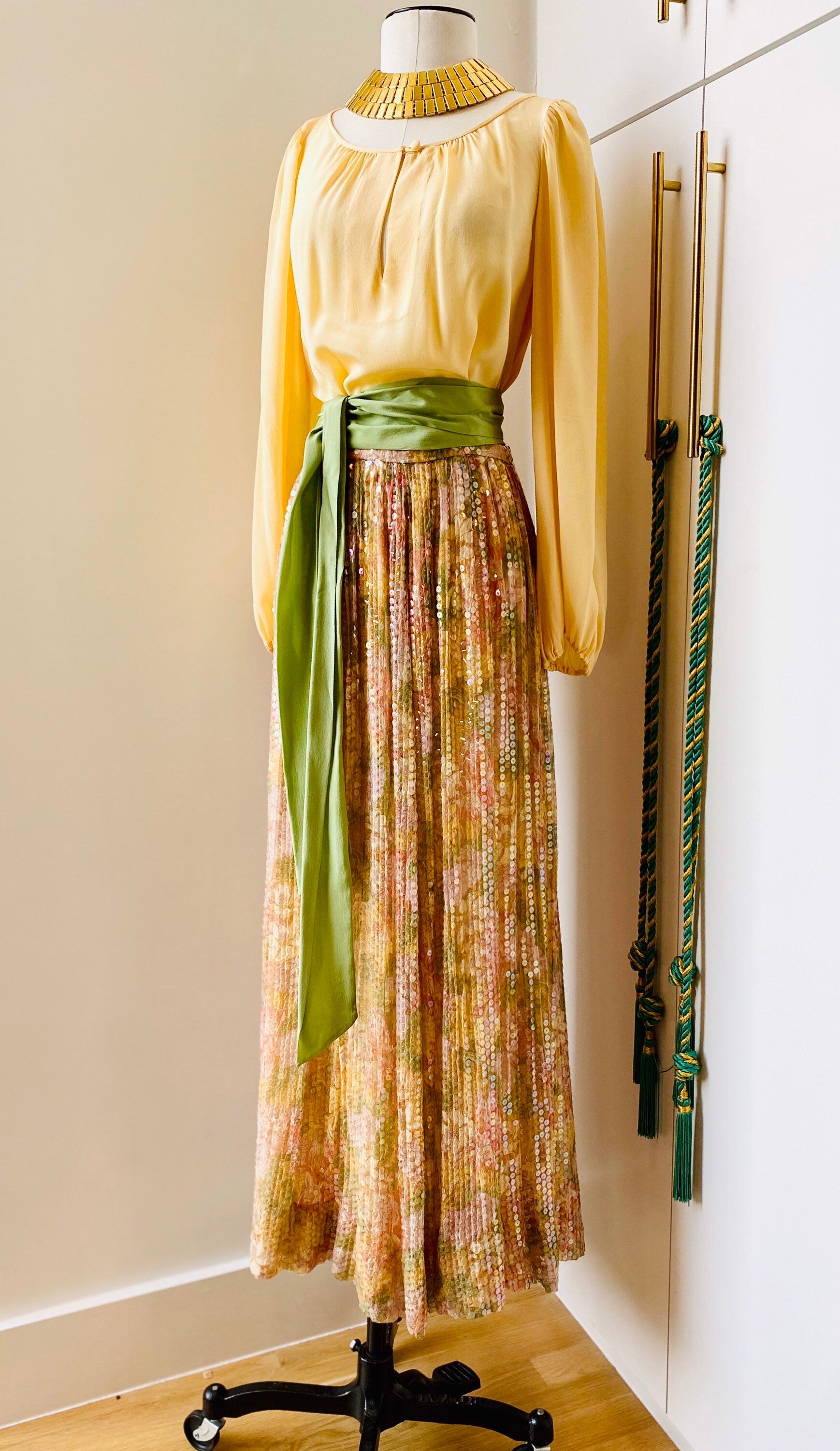 Adele Simpson Vintage Silk Floral Maxi Bohemian Ensemble Puffy Sleeves, Pleated Beaded Floral Maxi