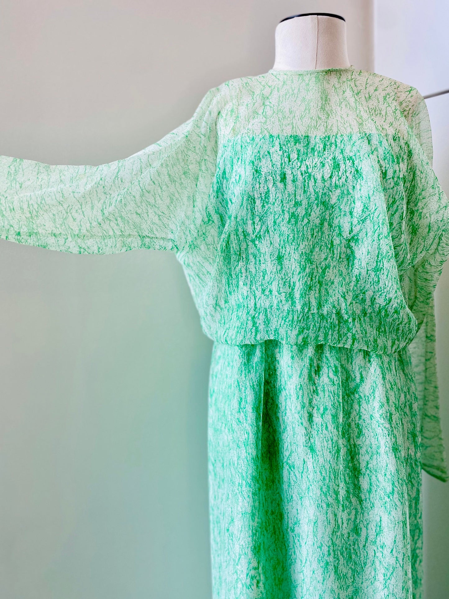 Small 70s Neiman Marcus Shannon Rogers for Jerry Silverman White and Green Maxi Dress with Chiffon Long Sleeves Overlay