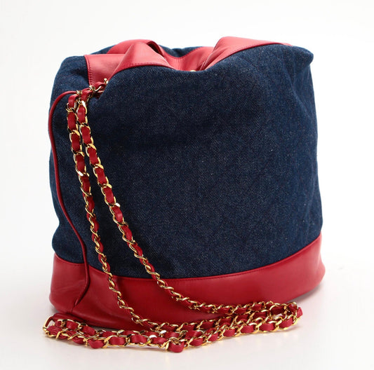 CHANEL 1989 Quilted Denim and Red Lamb Skin Leather Gold Chain Rare Bucket Bag Backpack Huge!