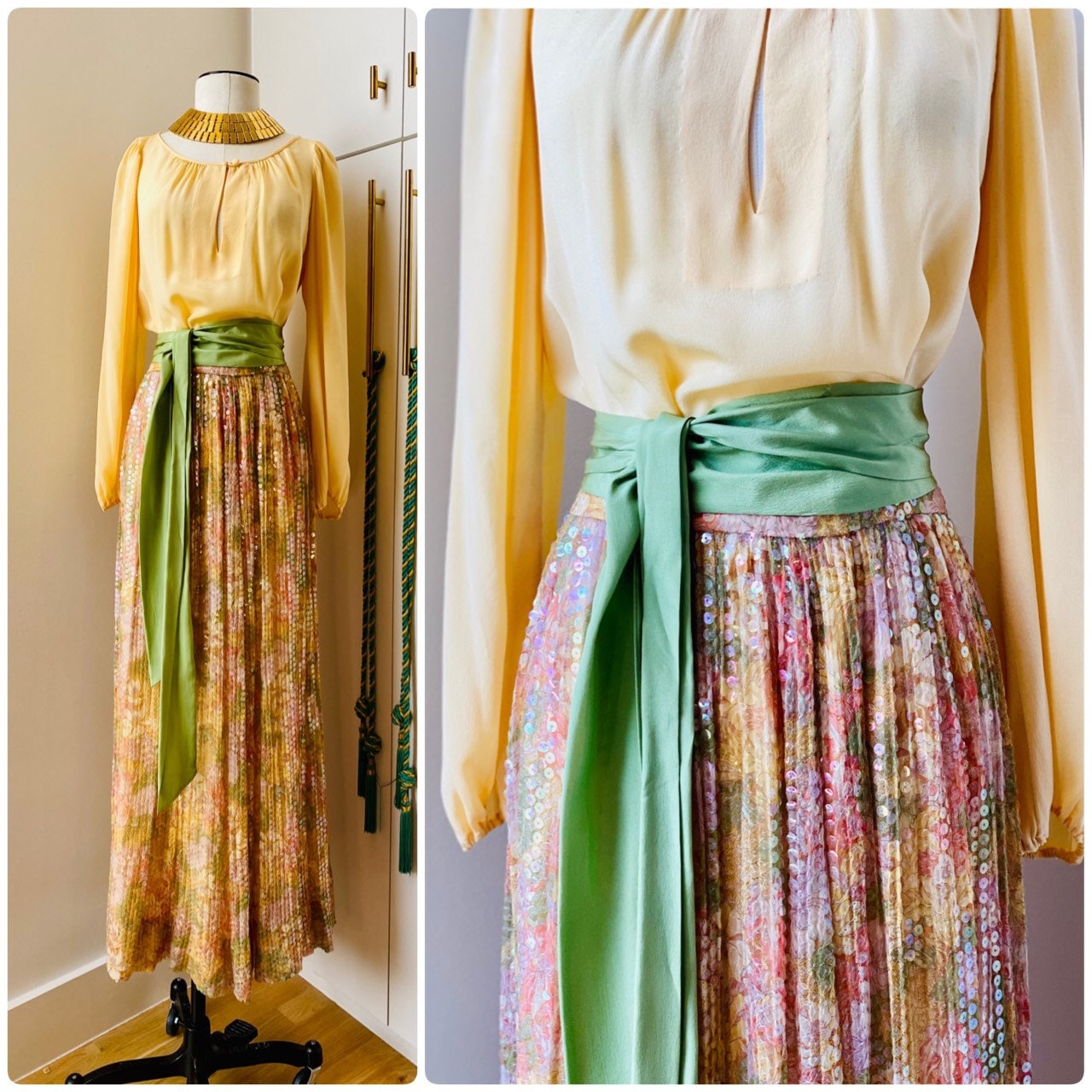 Adele Simpson Vintage Silk Floral Maxi Bohemian Ensemble Puffy Sleeves, Pleated Beaded Floral Maxi