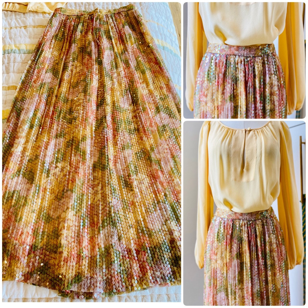 Adele Simpson Vintage Silk Floral Maxi Bohemian Ensemble Puffy Sleeves, Pleated Beaded Floral Maxi