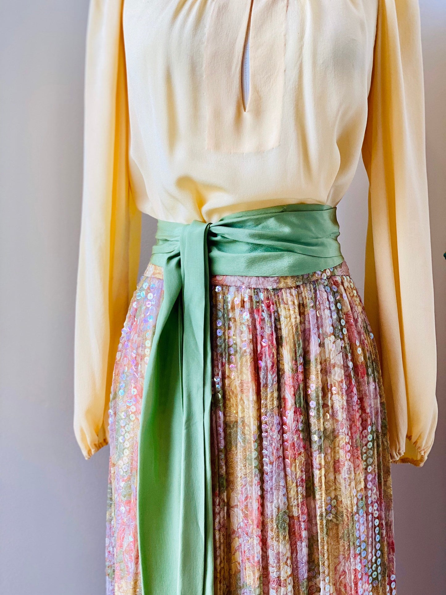 Adele Simpson Vintage Silk Floral Maxi Bohemian Ensemble Puffy Sleeves, Pleated Beaded Floral Maxi