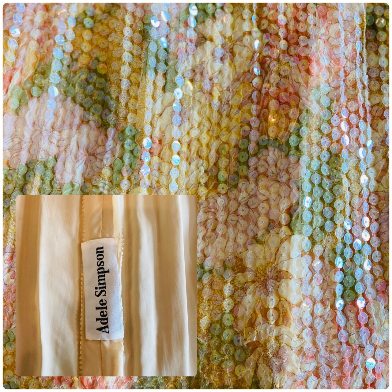 Adele Simpson Vintage Silk Floral Maxi Bohemian Ensemble Puffy Sleeves, Pleated Beaded Floral Maxi