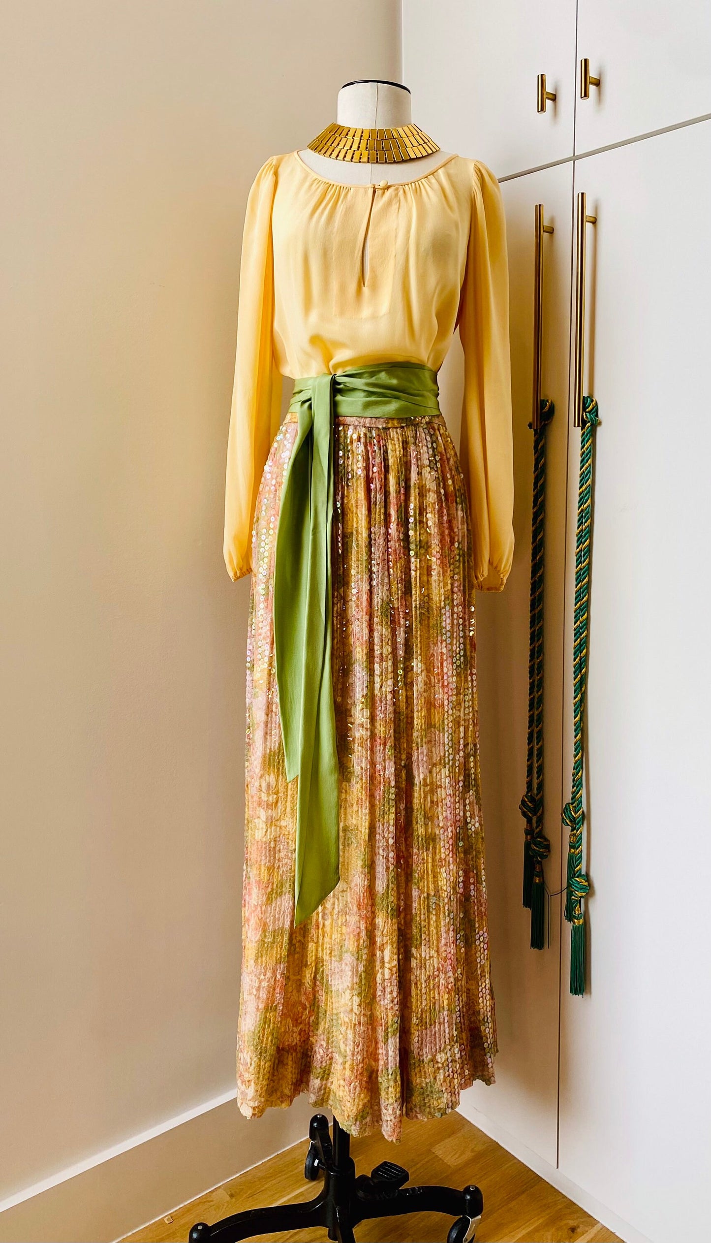 Adele Simpson Vintage Silk Floral Maxi Bohemian Ensemble Puffy Sleeves, Pleated Beaded Floral Maxi