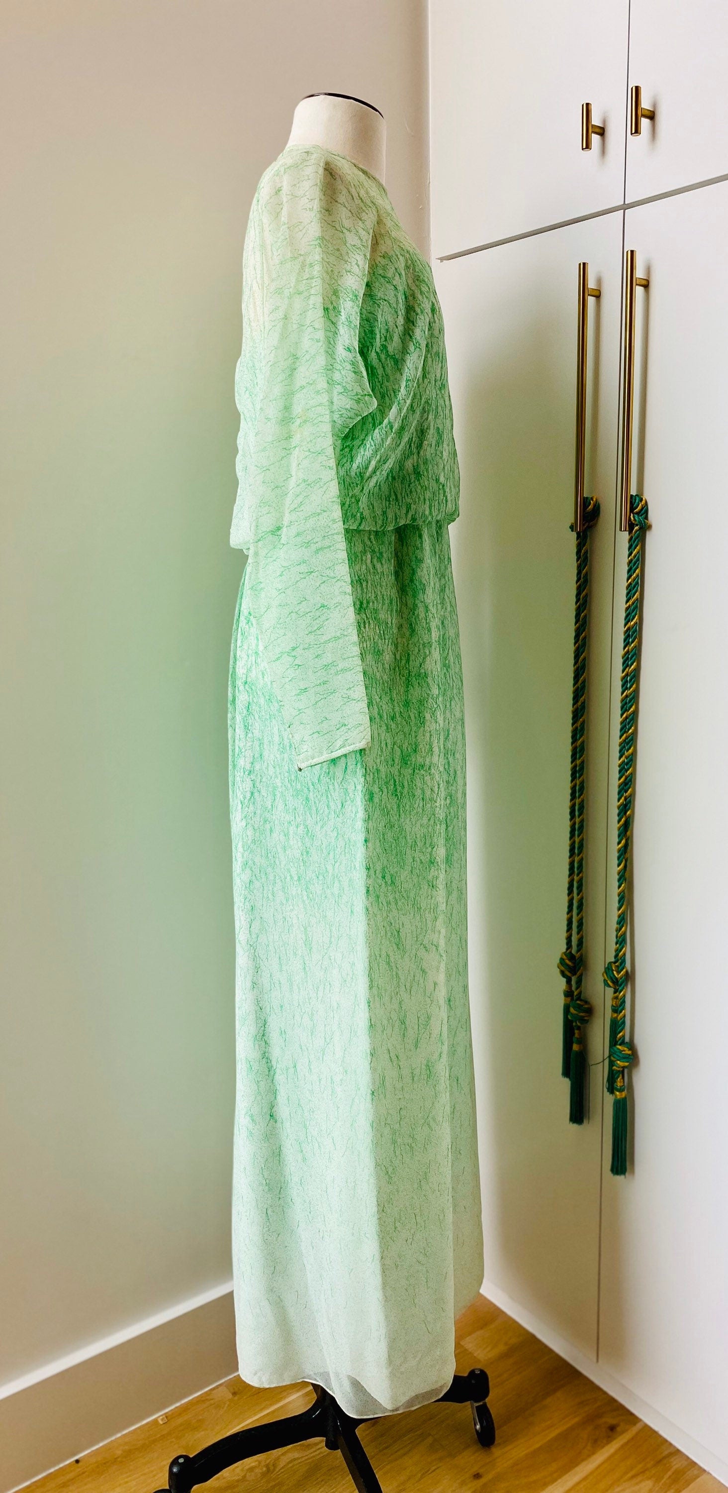 Small 70s Neiman Marcus Shannon Rogers for Jerry Silverman White and Green Maxi Dress with Chiffon Long Sleeves Overlay