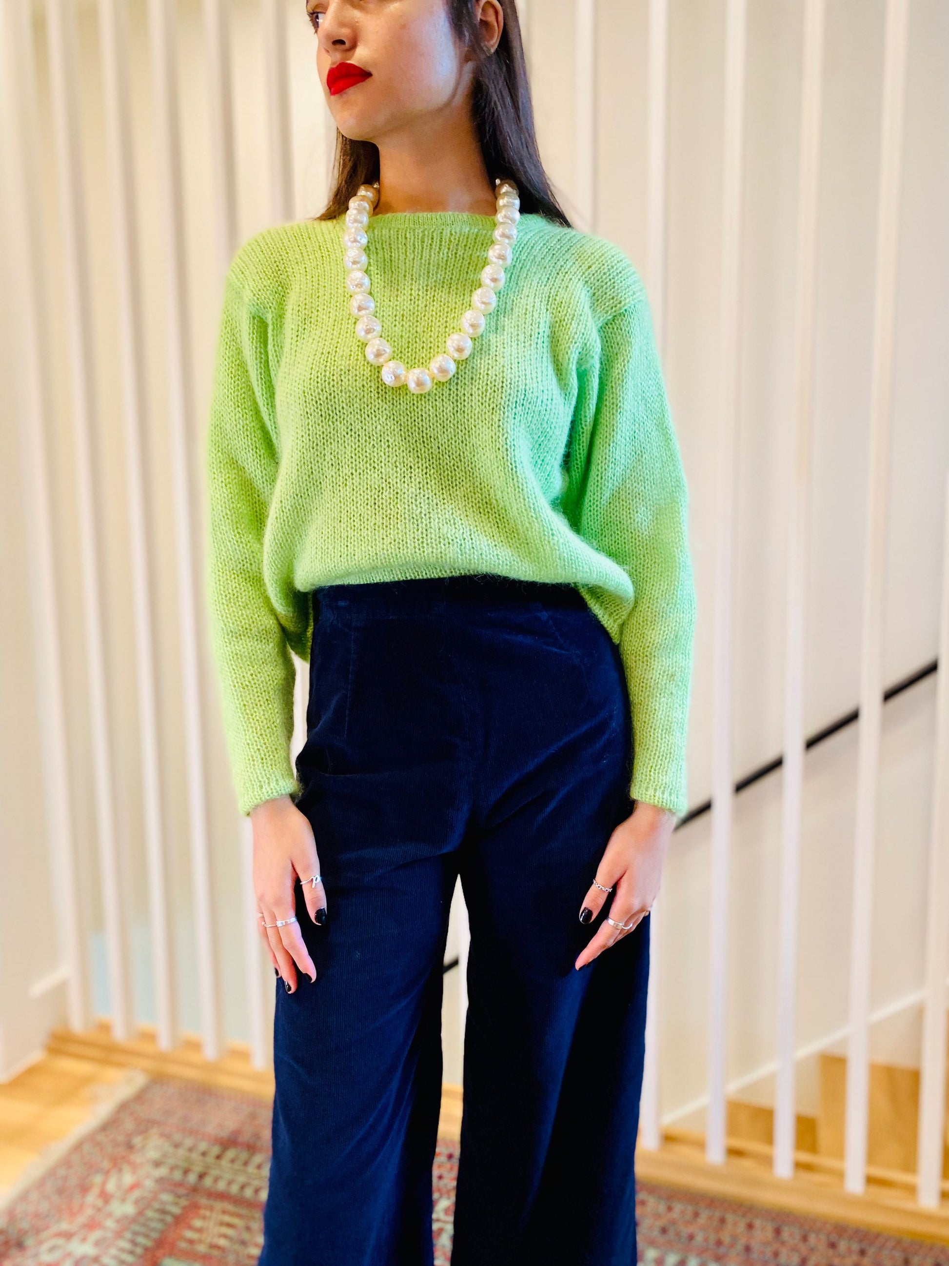 80s Mohair Blend Lime Green Fuzzy Sweater with Bat Sleeves