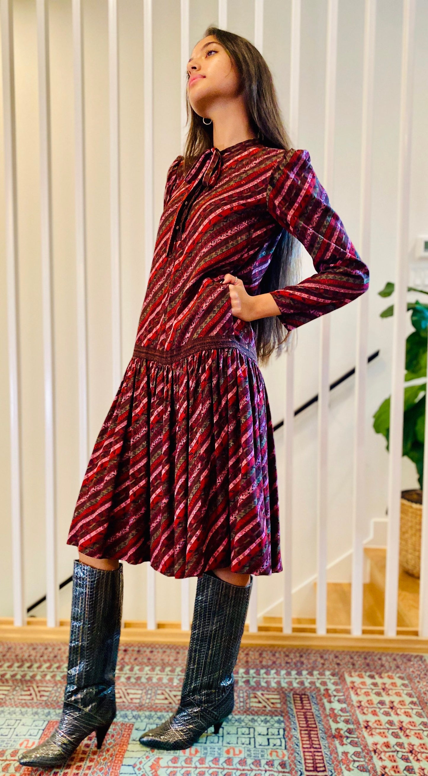 70s UNGARO Jewel Tone Drop Waist Silk Long Sleeves Neck Tie Dress with Pockets