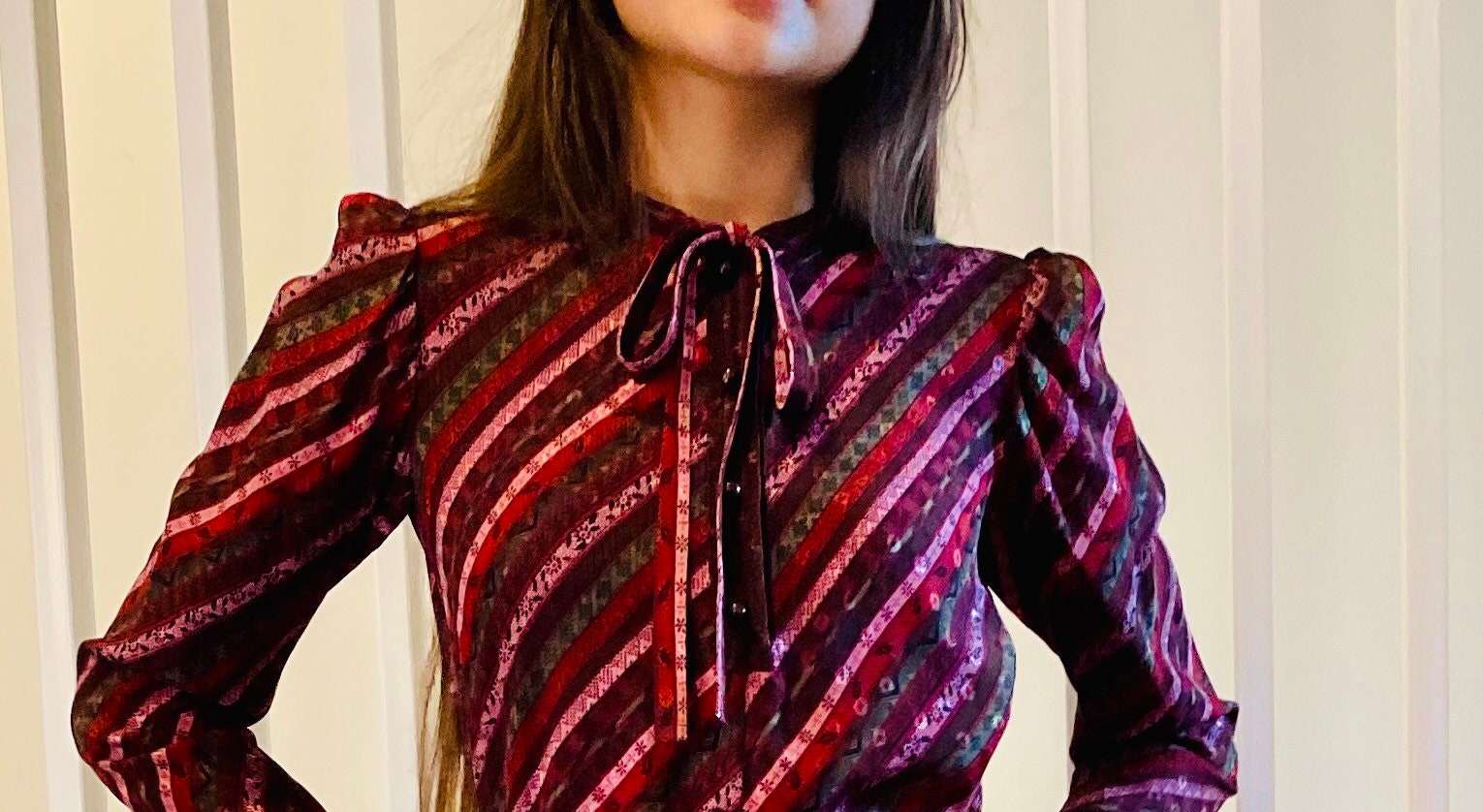 70s UNGARO Jewel Tone Drop Waist Silk Long Sleeves Neck Tie Dress with Pockets