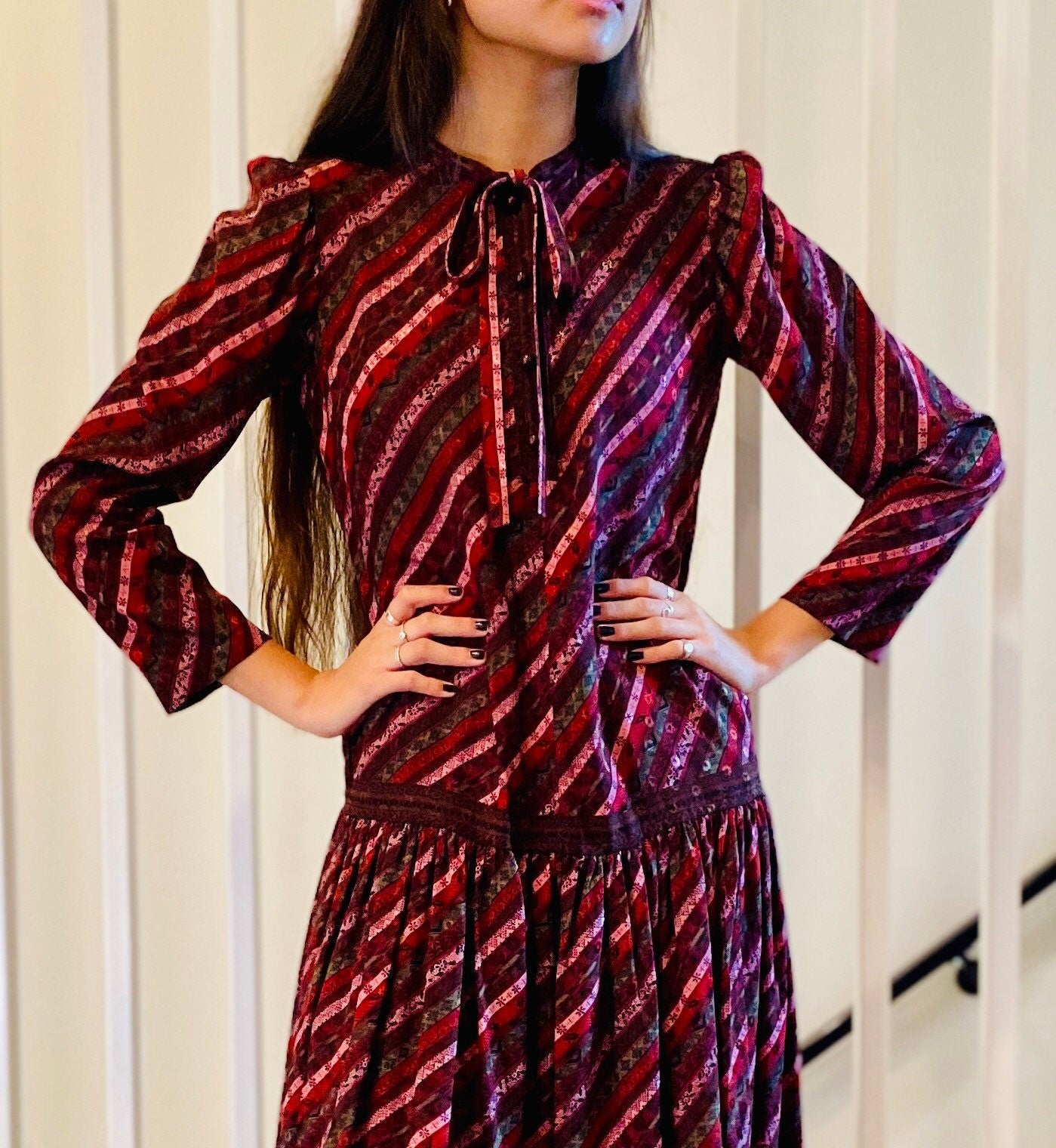 70s UNGARO Jewel Tone Drop Waist Silk Long Sleeves Neck Tie Dress with Pockets