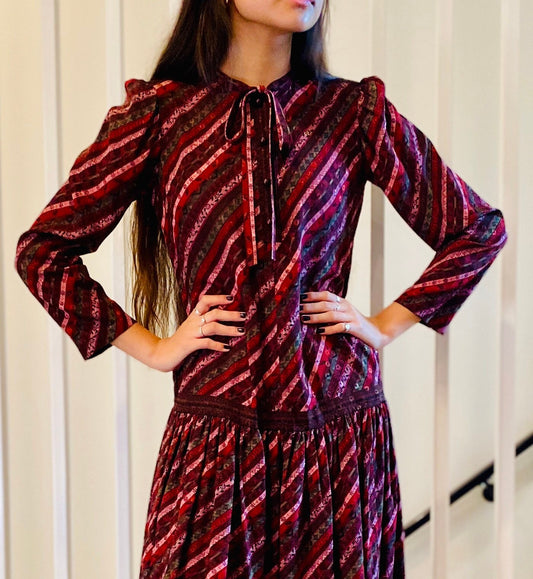 70s UNGARO Jewel Tone Drop Waist Silk Long Sleeves Neck Tie Dress with Pockets