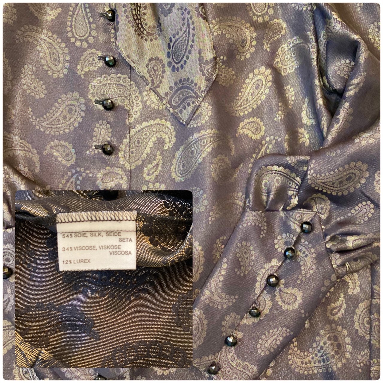 Vintage Nina RICCI Black and Gold Silk/Lurex Blend Brocade Paisley Print Blouse with Puffy Dramatic Sleeves Cuffs Bow Necktie Made in France