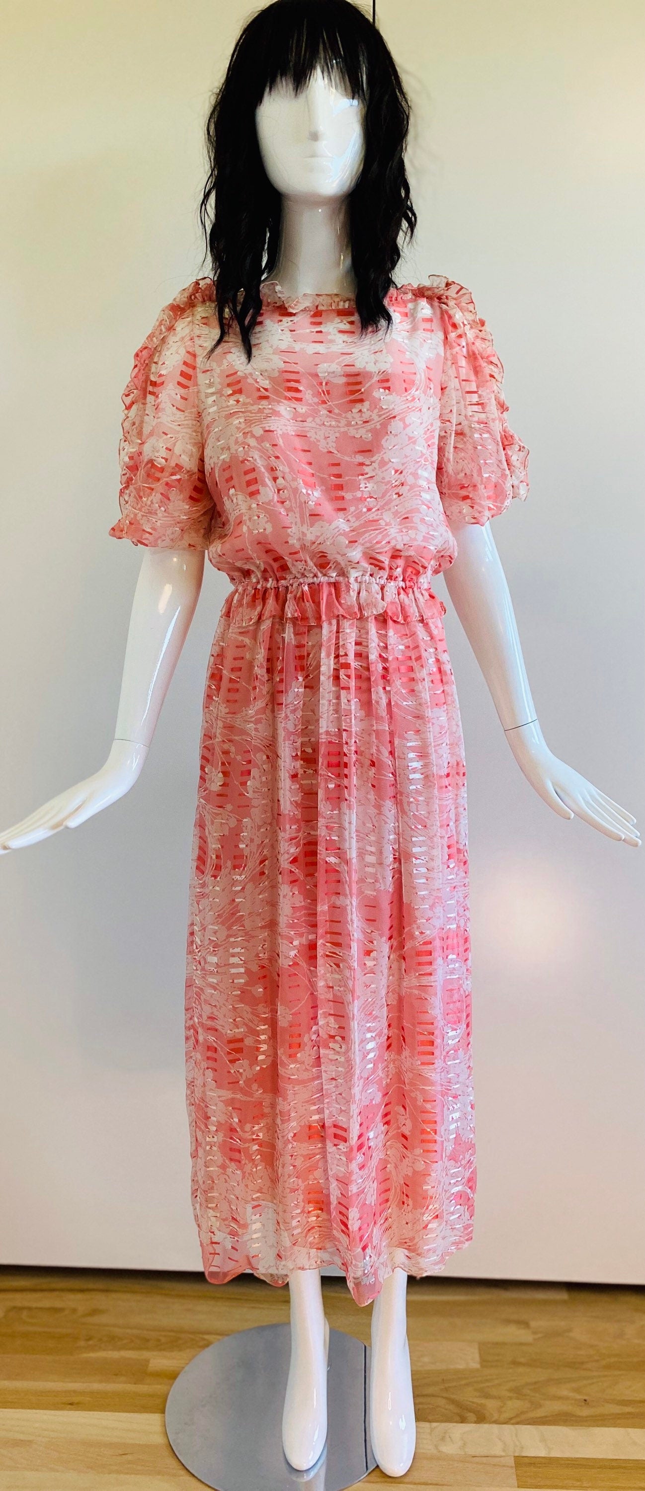 XS/S 70s Gentillesse by Diane Dickinson Silk Burn Out Printed Iridescent Ruffled Neckline Chiffon Dress Balloon Sleeves NWT DeadStock