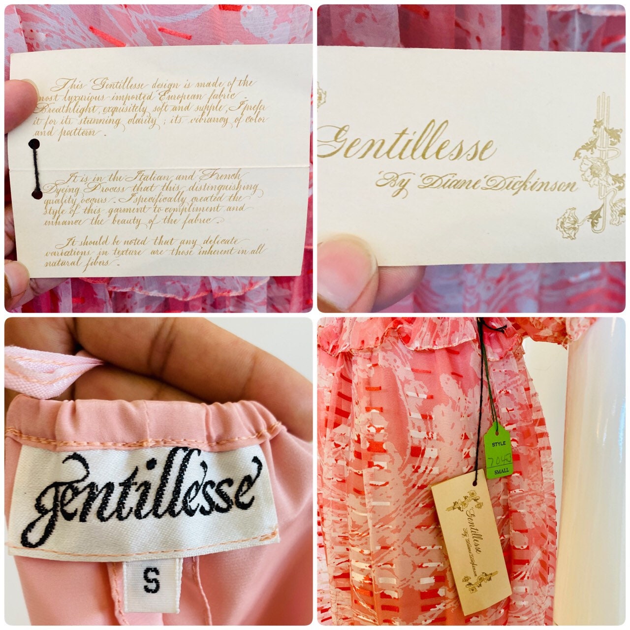 XS/S 70s Gentillesse by Diane Dickinson Silk Burn Out Printed Iridescent Ruffled Neckline Chiffon Dress Balloon Sleeves NWT DeadStock