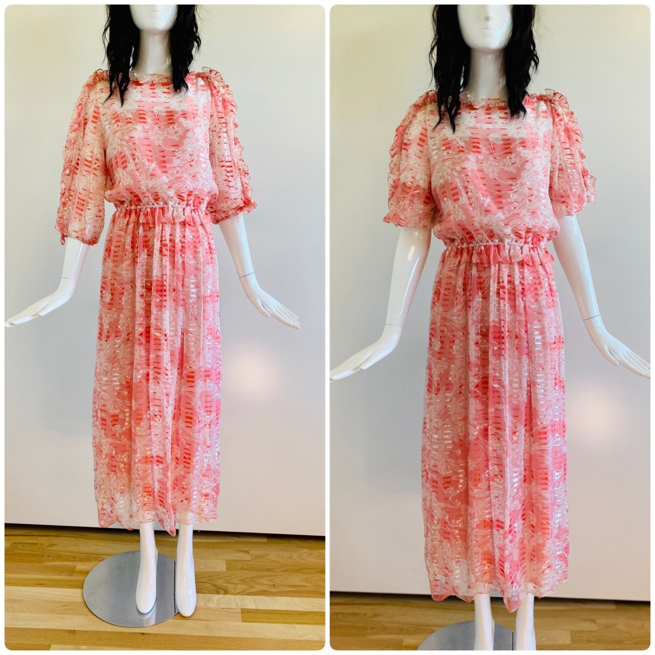 XS/S 70s Gentillesse by Diane Dickinson Silk Burn Out Printed Iridescent Ruffled Neckline Chiffon Dress Balloon Sleeves NWT DeadStock