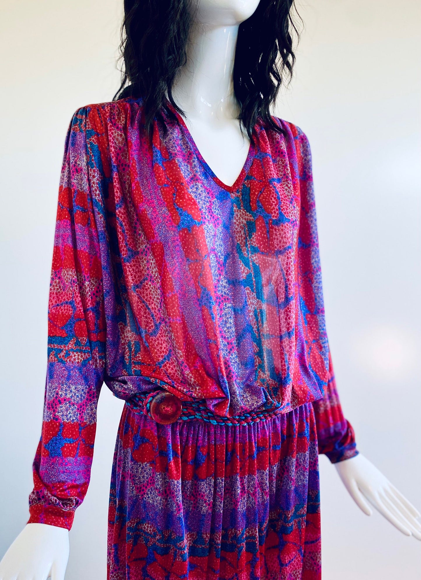 Small MISSONI 70s Silk Jersey Jewel Tones Bat Wing Sleeves Disco Drop Waist Dress Sexy Deep V Neck with Braided Belt