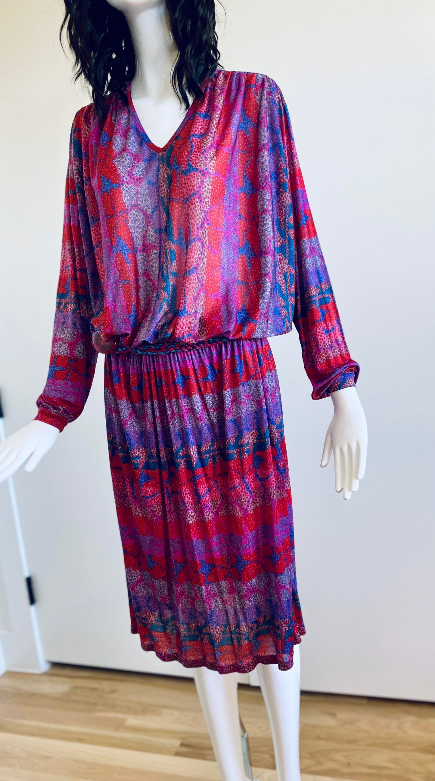 Small MISSONI 70s Silk Jersey Jewel Tones Bat Wing Sleeves Disco Drop Waist Dress Sexy Deep V Neck with Braided Belt