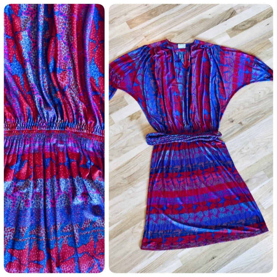 Small MISSONI 70s Silk Jersey Jewel Tones Bat Wing Sleeves Disco Drop Waist Dress Sexy Deep V Neck with Braided Belt