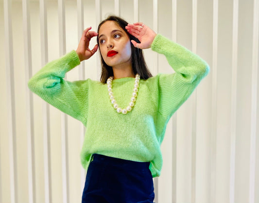 80s Mohair Blend Lime Green Fuzzy Sweater with Bat Sleeves