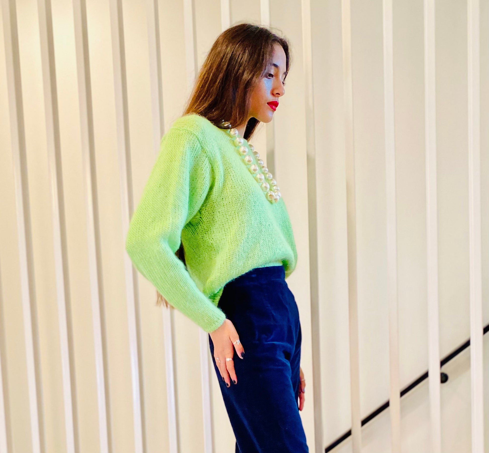 80s Mohair Blend Lime Green Fuzzy Sweater with Bat Sleeves