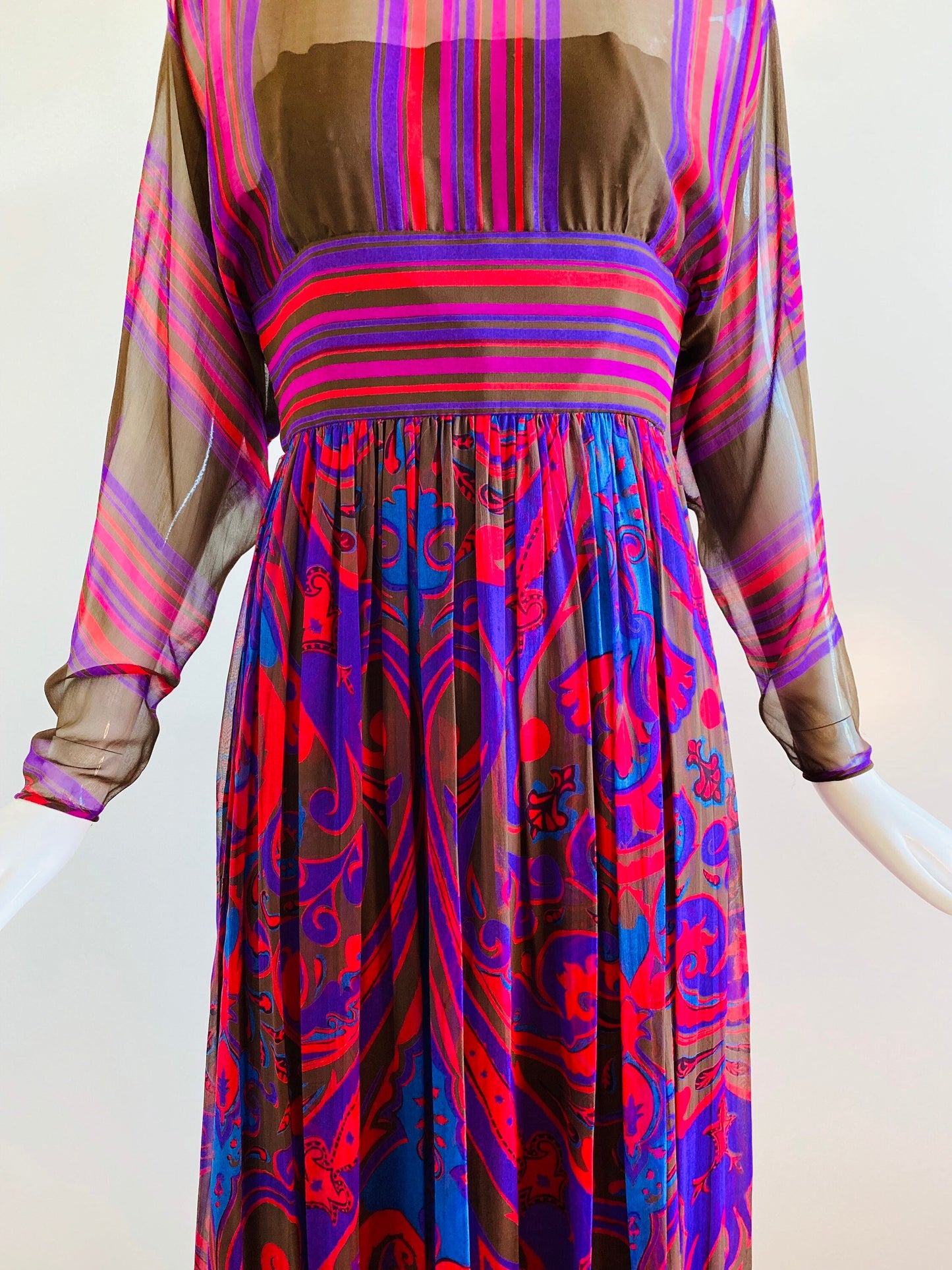 60s Mollie PARNIS Silk Paisley Chiffon Pleated Maxi Dress