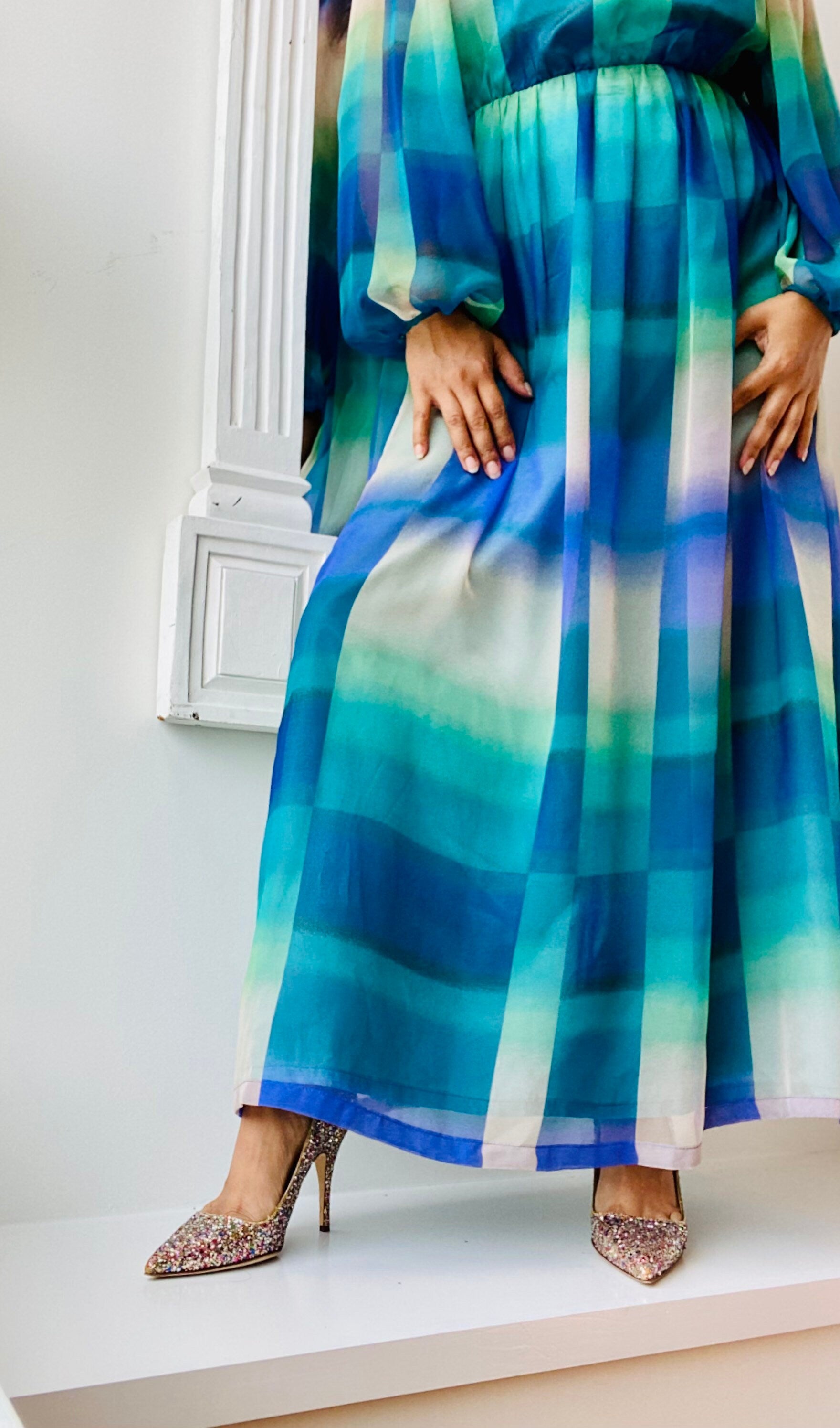 MCM 60s Blue Abstract Print Designer Balloon Sleeves Maxi Dress Gown 30" Waist