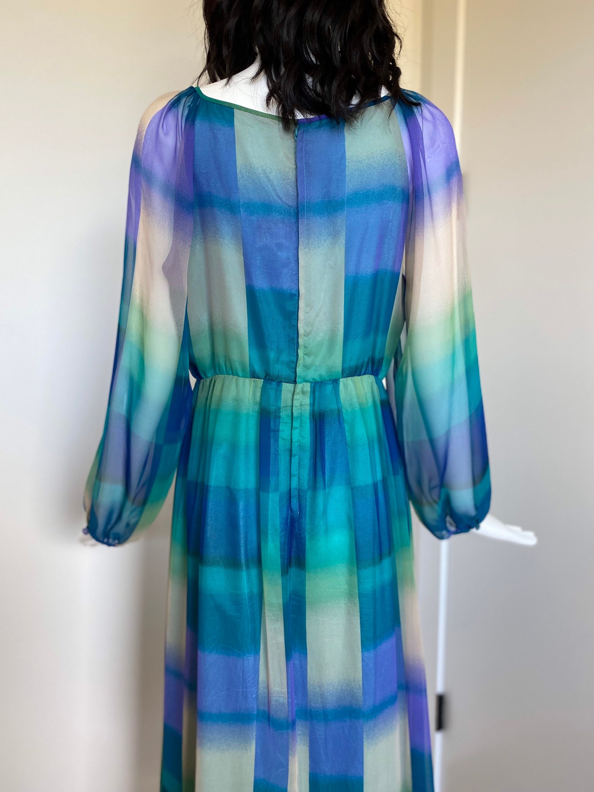 MCM 60s Blue Abstract Print Designer Balloon Sleeves Maxi Dress Gown 30" Waist