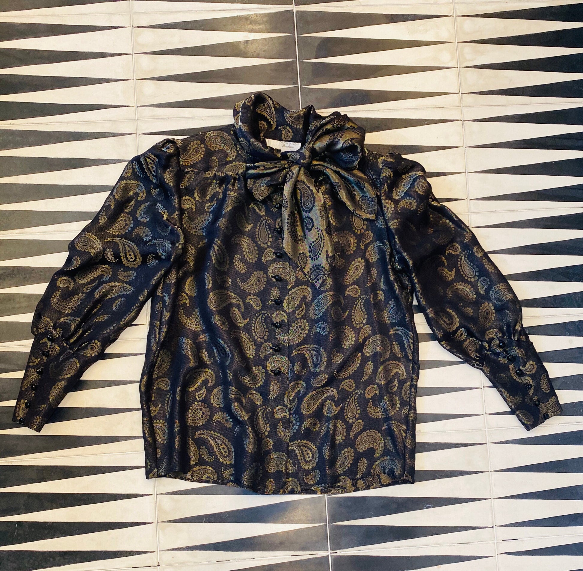 Vintage Nina RICCI Black and Gold Silk/Lurex Blend Brocade Paisley Print Blouse with Puffy Dramatic Sleeves Cuffs Bow Necktie Made in France