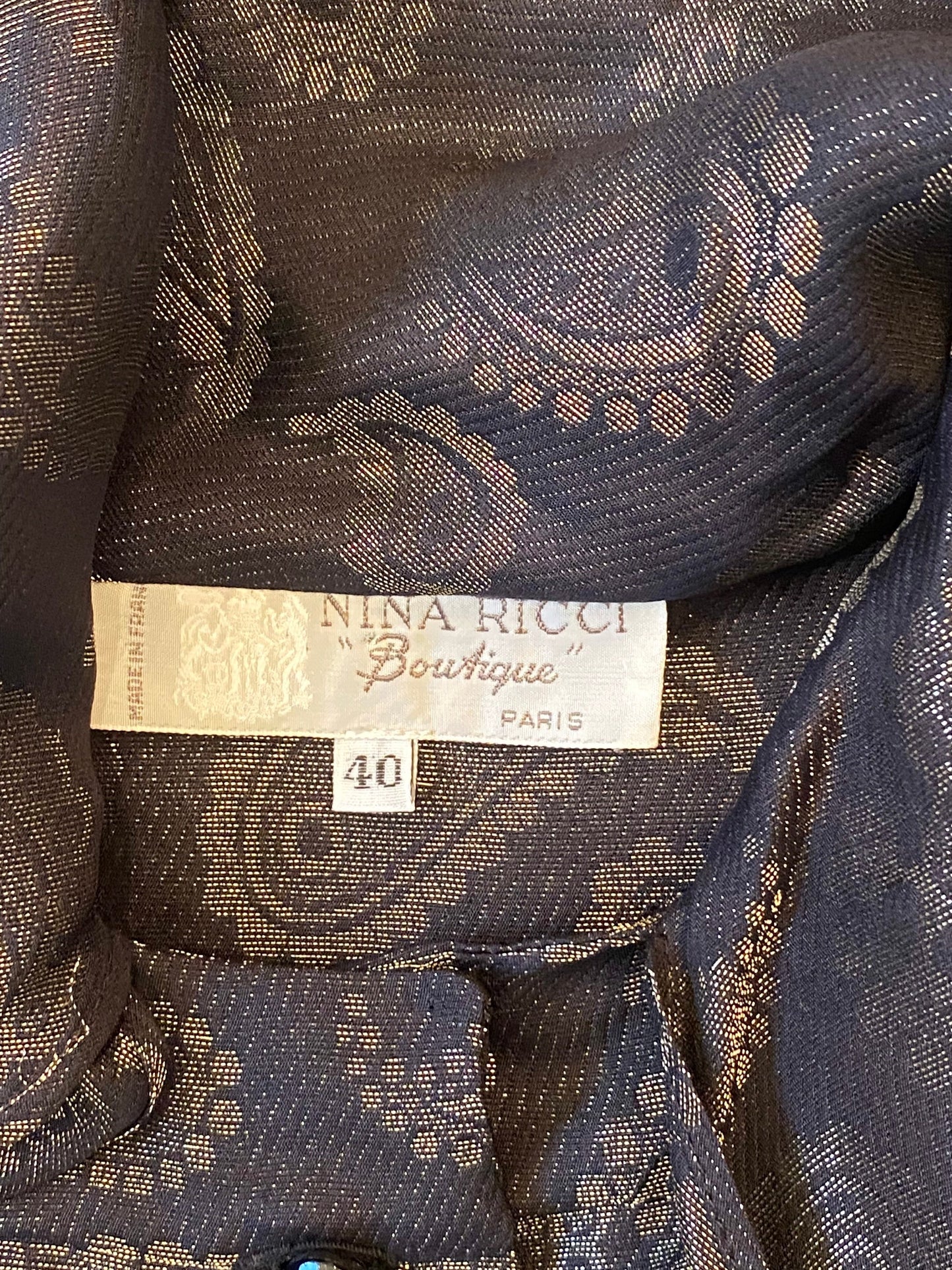 Vintage Nina RICCI Black and Gold Silk/Lurex Blend Brocade Paisley Print Blouse with Puffy Dramatic Sleeves Cuffs Bow Necktie Made in France