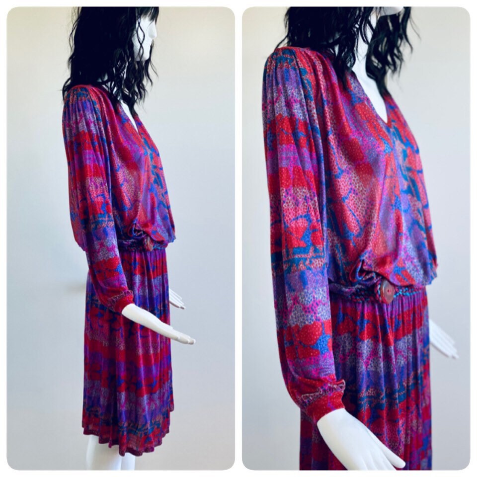 Small MISSONI 70s Silk Jersey Jewel Tones Bat Wing Sleeves Disco Drop Waist Dress Sexy Deep V Neck with Braided Belt