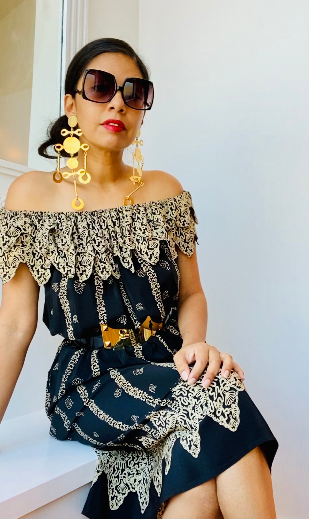 70s Zandra RHODES London Silk Iconic Print Black off The Shoulders Dress Medium