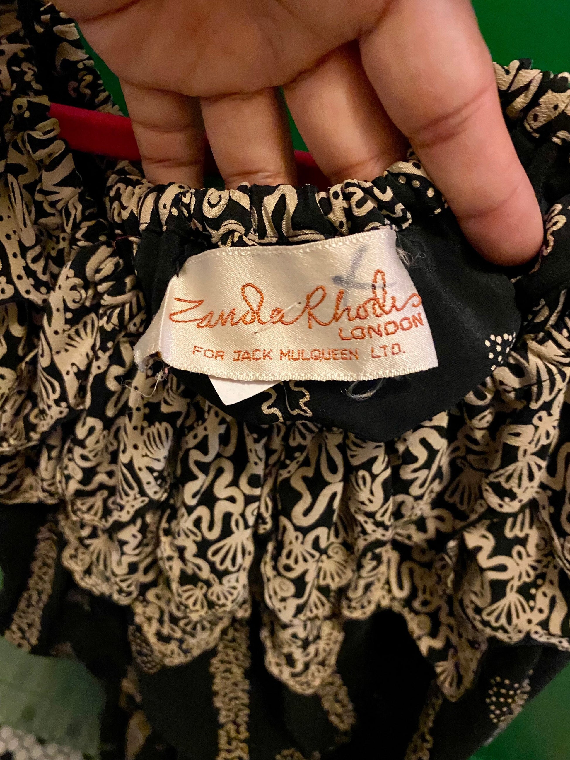 70s Zandra RHODES London Silk Iconic Print Black off The Shoulders Dress Medium