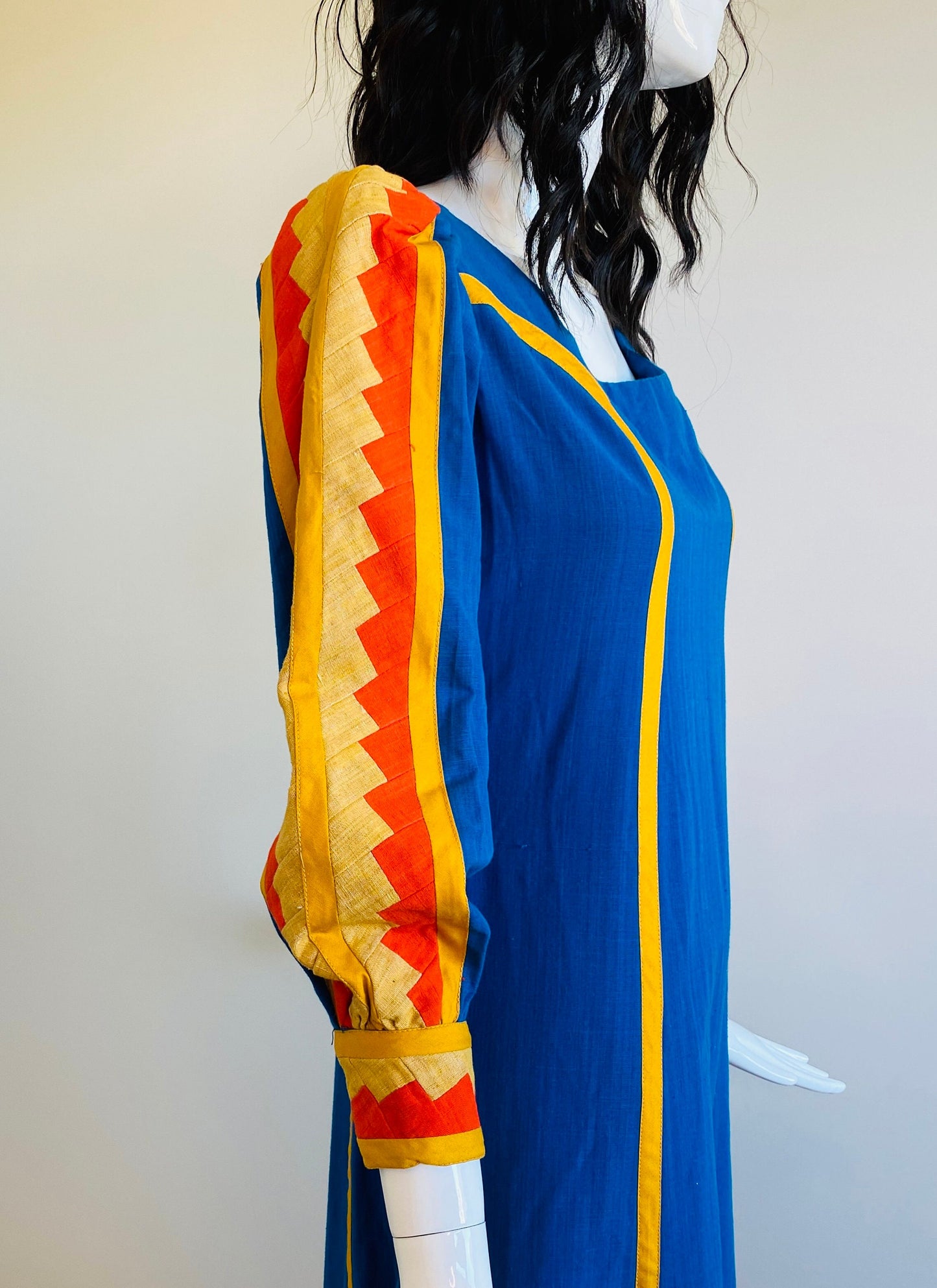 Small 70s Mexican Designer Josefa Blue Embroidered Cotton Kaftan Maxi Dress